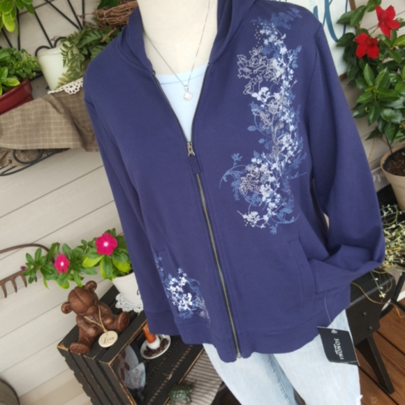 SONOMA ♡ Navy|White|Gray Embroidered | Embellished Floral L|S Hoodie Jacket PL - Picture 14 of 17